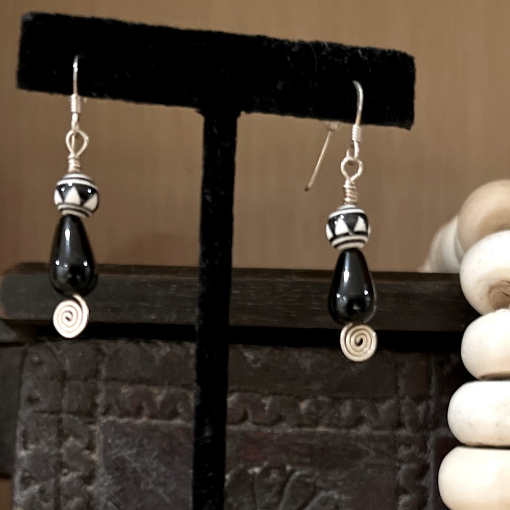 Southwestern Sterling Silver .925, natural Onyx and  Ceramic Dangle Earrings